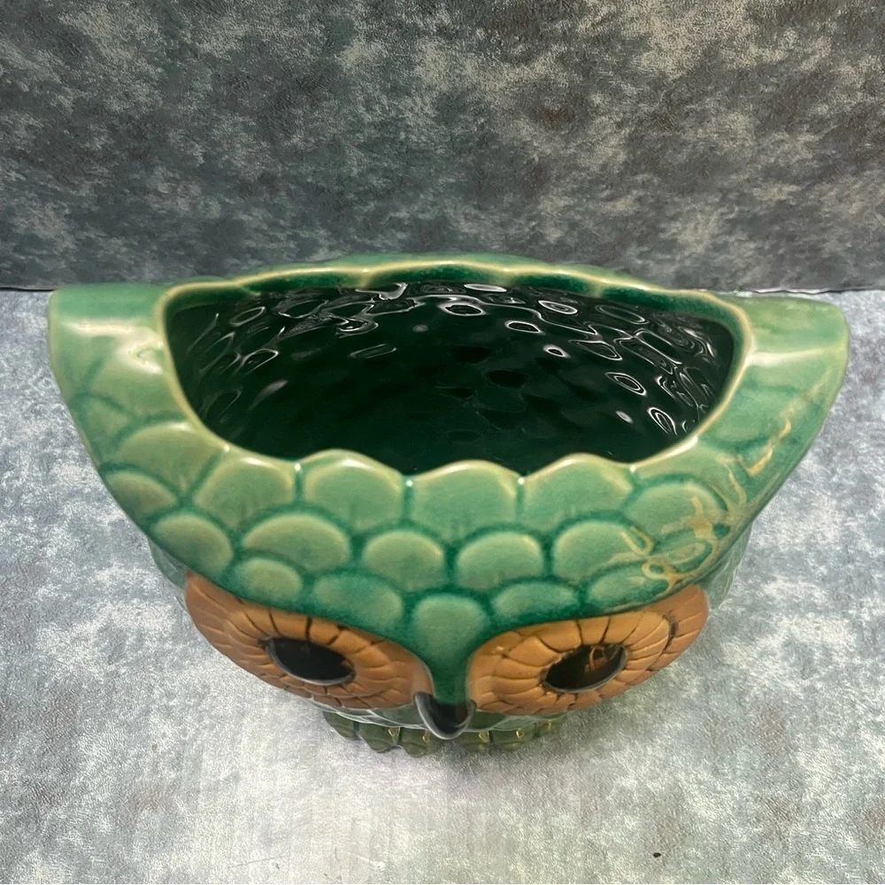 Ceramic Owl Planter Vase Green Glazed Big eyes